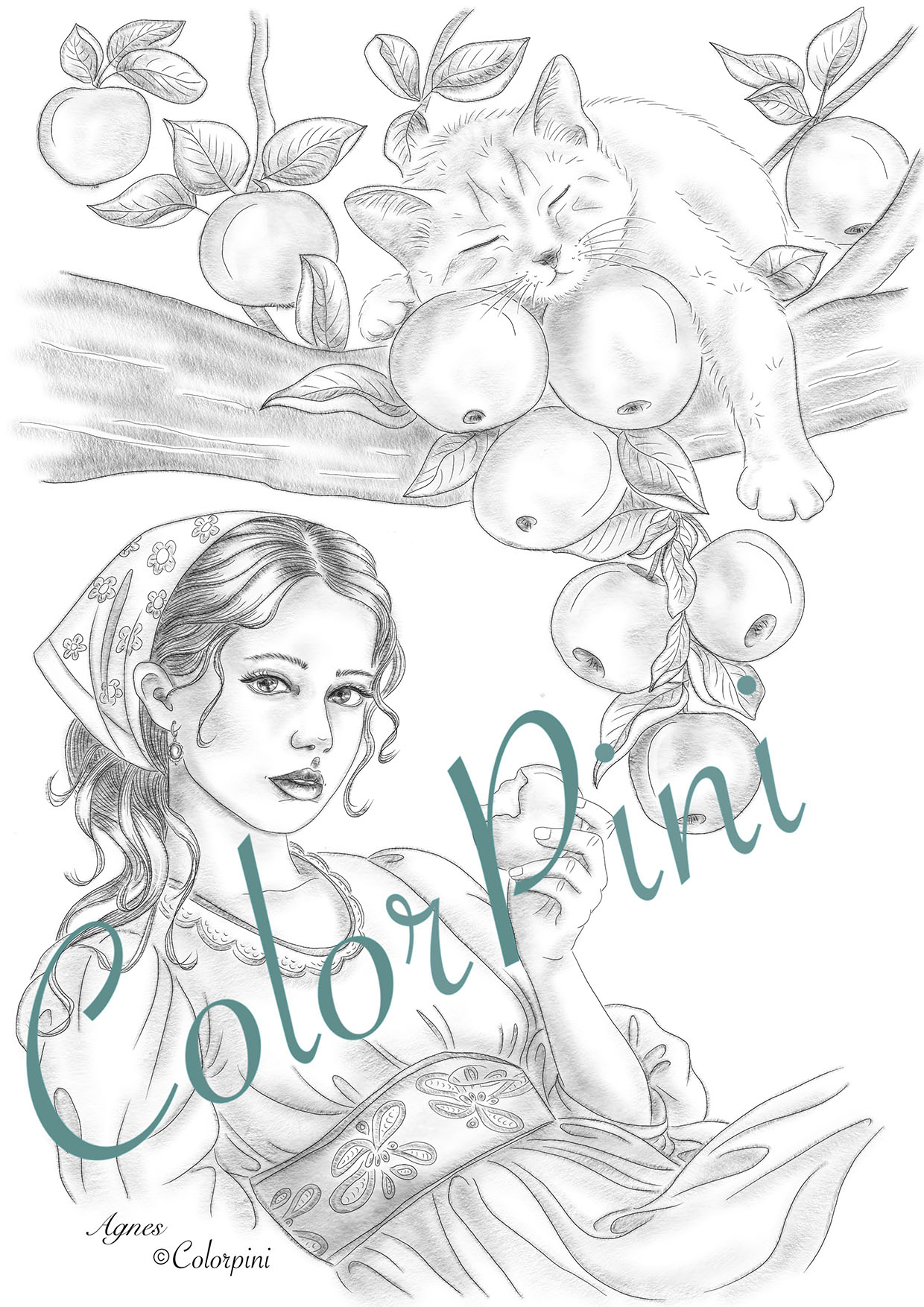 Agnes, a hand-drawn grayscale fantasy woman coloring page by Carolyn Pini, Swiss artist