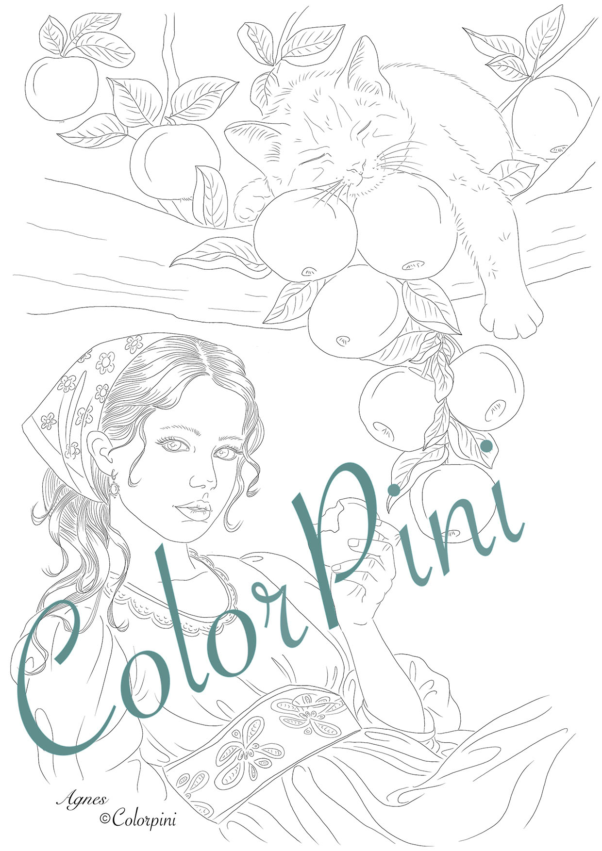 Agnes, hand-drawn fantasy woman lineart by Carolyn Pini