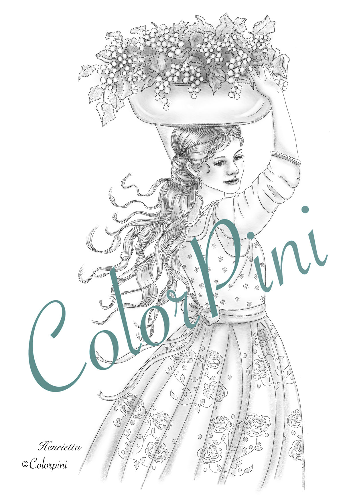 Henrietta, a hand-drawn grayscale fantasy woman coloring page by Carolyn Pini, Swiss artist