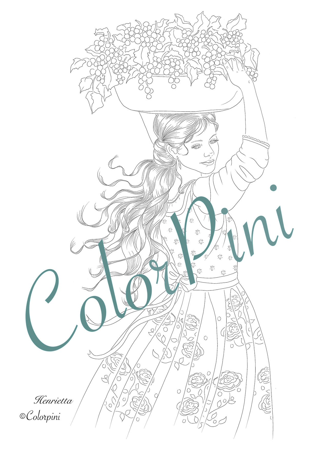 Henrietta, hand-drawn fantasy woman lineart by Carolyn Pini
