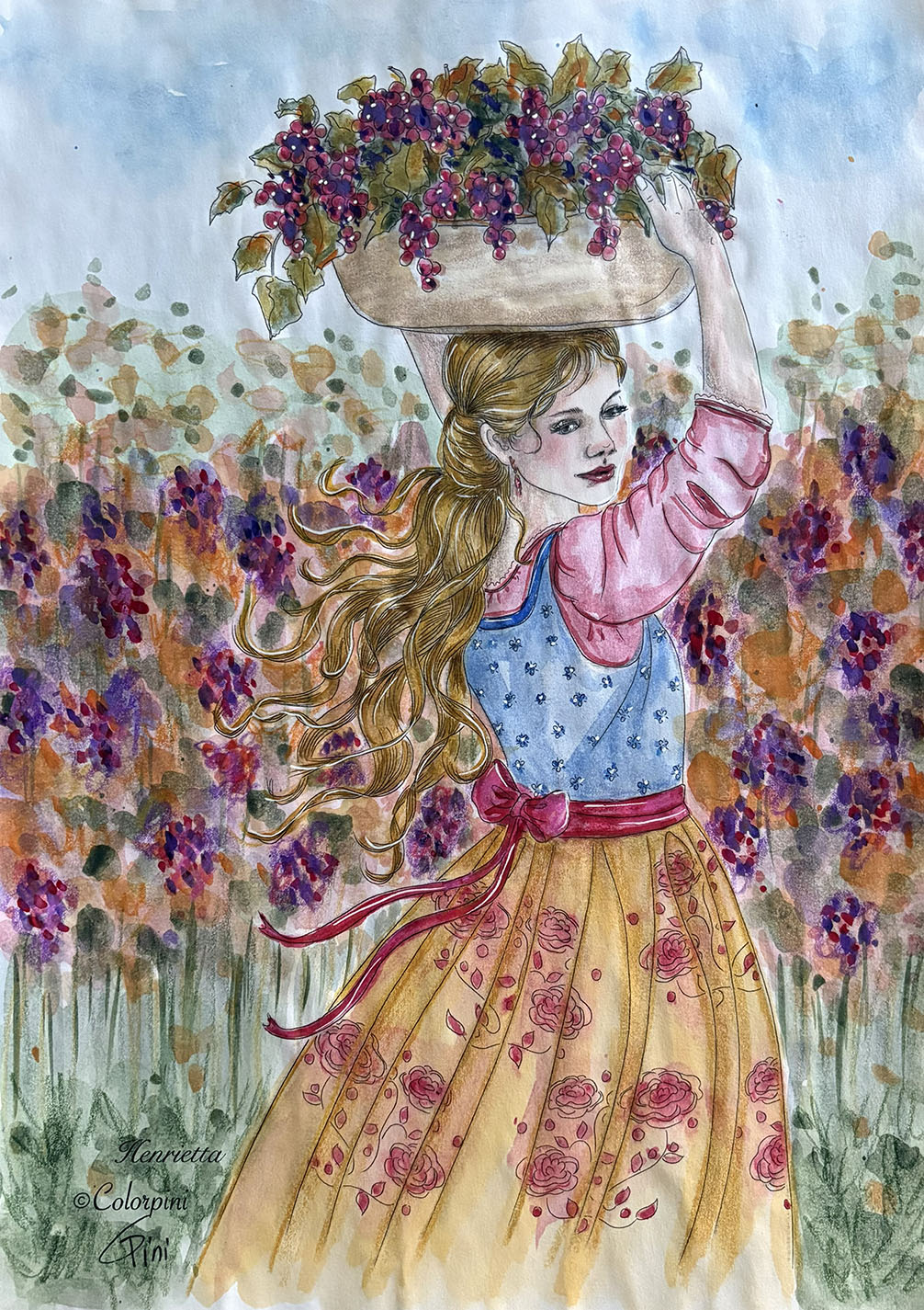 Henrietta, a watercolor fantasy woman painting by Carolyn Pini, Swiss artist
