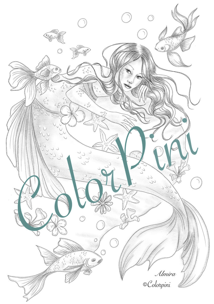 Almira, hand-drawn grayscale coloring page