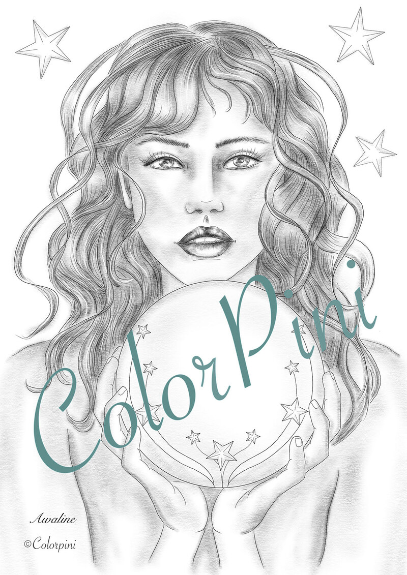 Awaline, hand-drawn grayscale coloring page