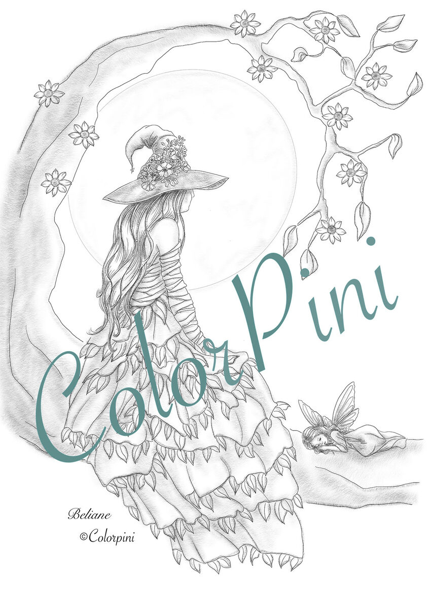 Beliane, hand-drawn grayscale coloring page