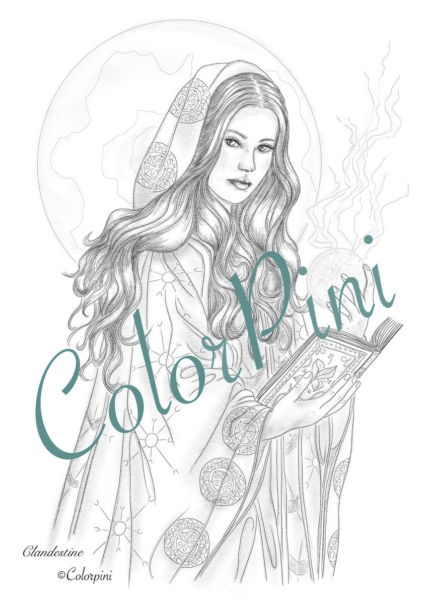 Clandestine, hand-drawn grayscale coloring page