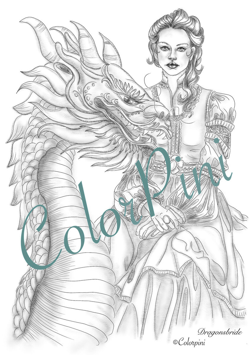 Dragon's Bride, hand-drawn grayscale coloring page