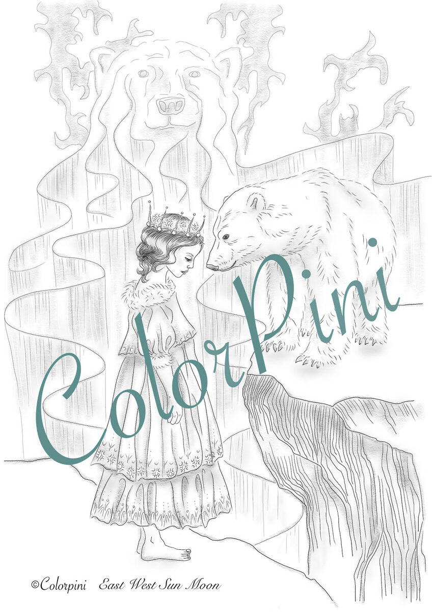 East & West, hand-drawn grayscale coloring page