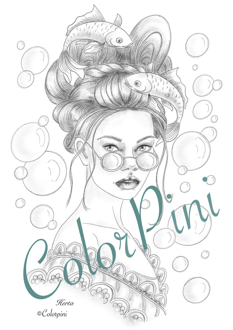 Herta, hand-drawn grayscale coloring page