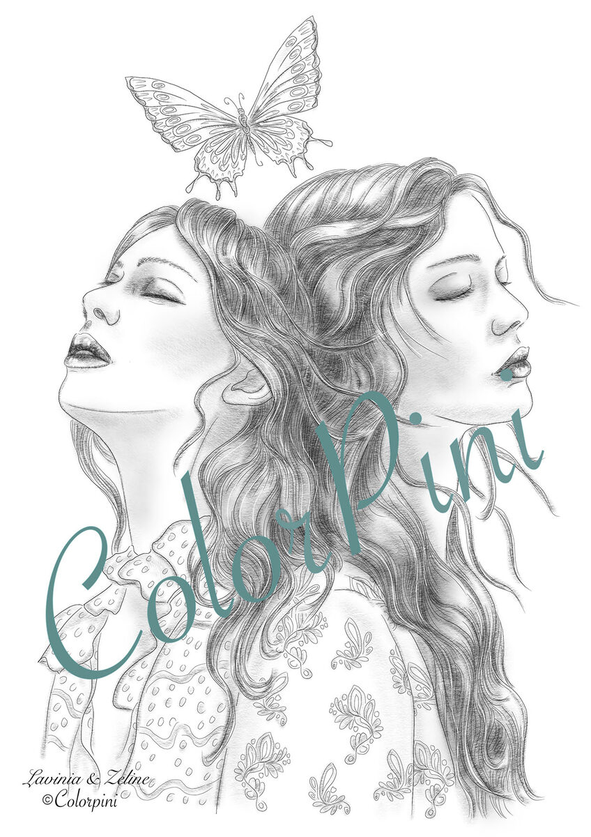 Lavinia & Zeline, hand-drawn grayscale coloring page
