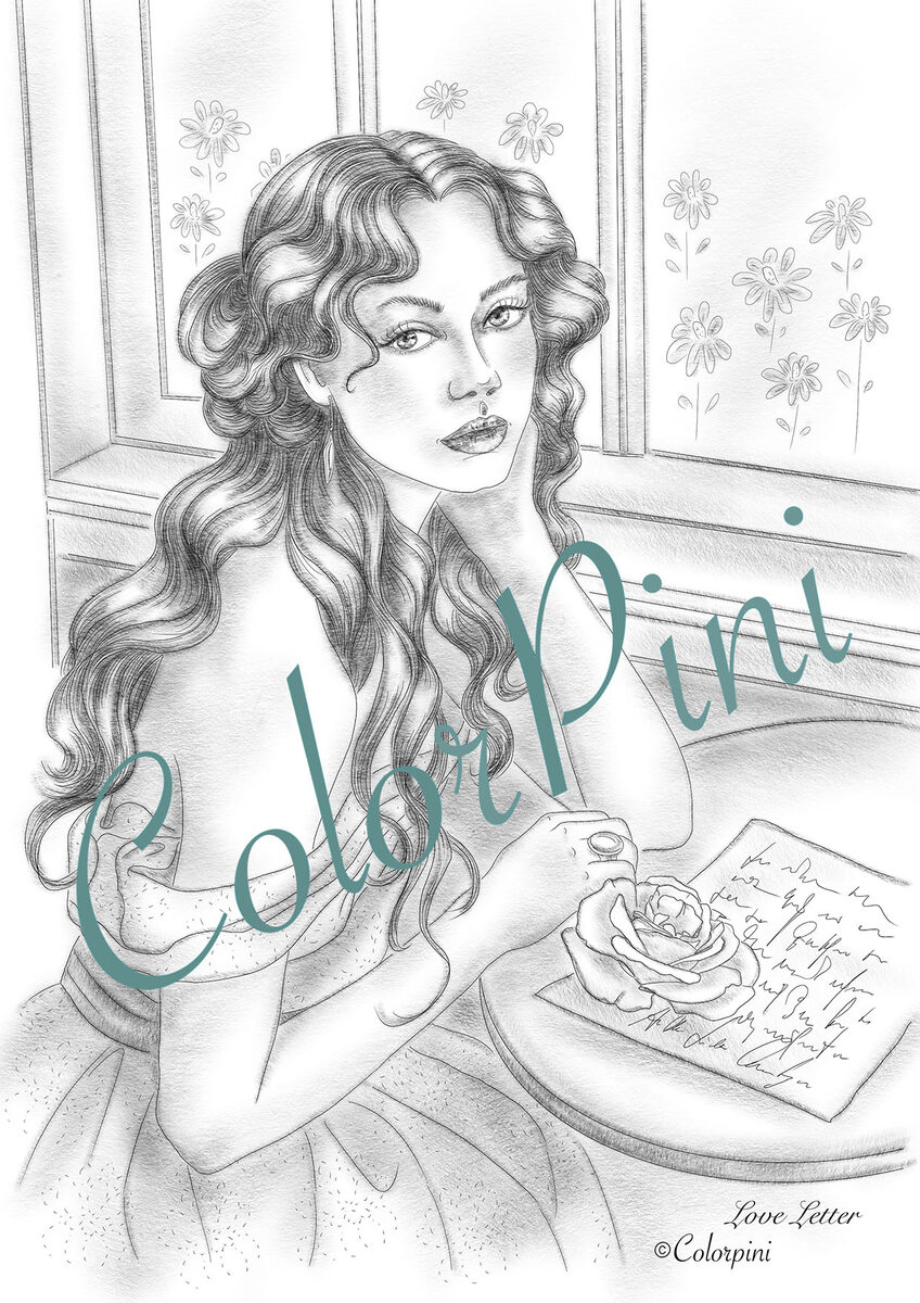 Love Letter, hand-drawn grayscale coloring page