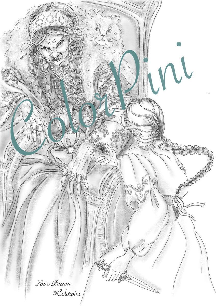 Love Potion, hand-drawn grayscale coloring page