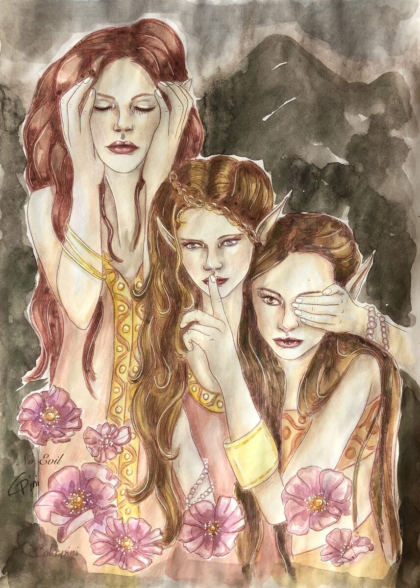 No Evil, watercolor version by Carolyn Pini