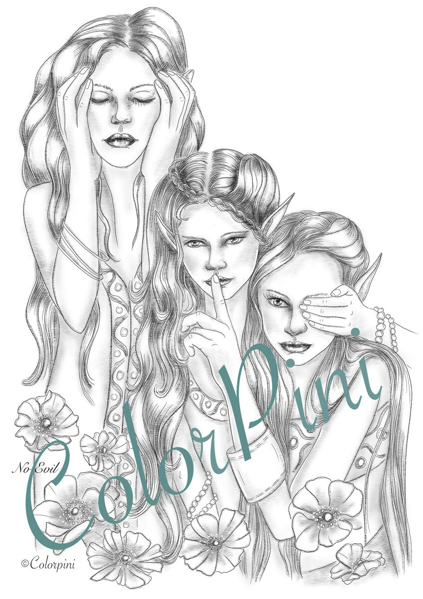 No Evil, hand-drawn grayscale coloring page