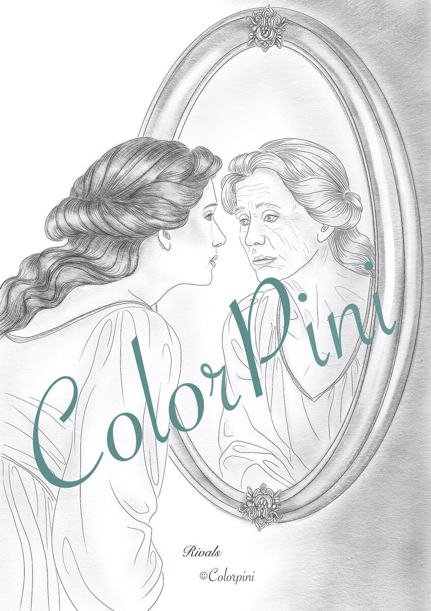 Rivals, hand-drawn grayscale coloring page