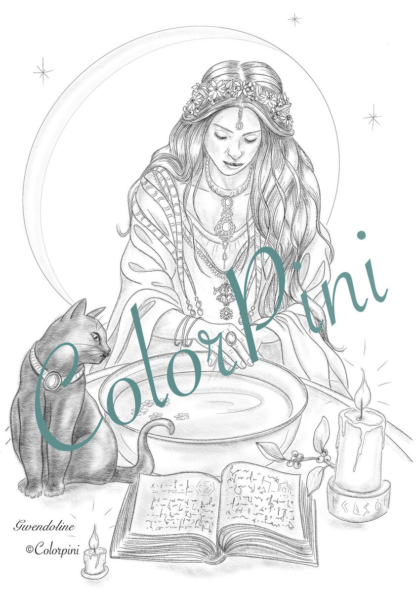 Gwendoline the Witch, hand-drawn grayscale coloring page