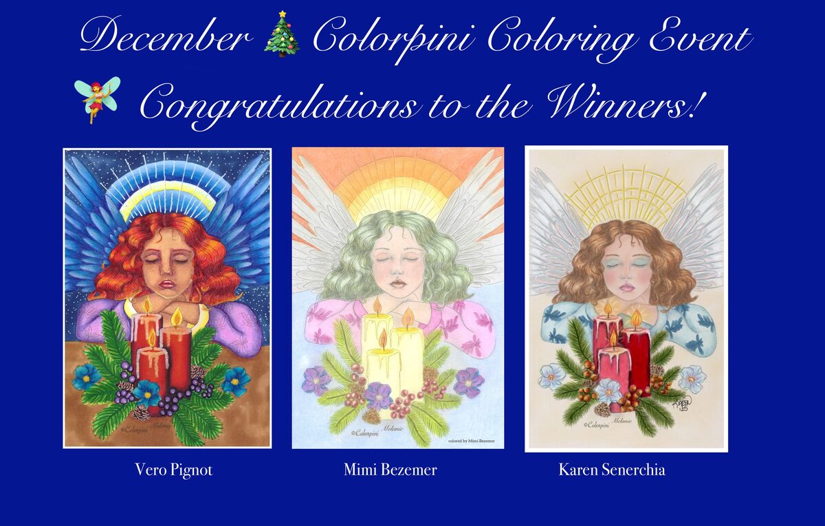 December 2025 winners, colorings by Vero Pignot, Mimi Bezemer and Karen Senerchia