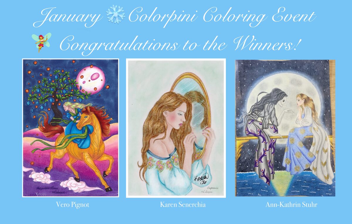 January 2026 winners, colorings by Vero Pignot, Karen Senerchia and Ann-Kathrin Stuhr