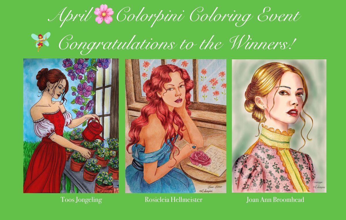 April 2026 winners, colorings by Toos Jongeling, Rosicleia Hellmeister and Joan Ann Broomhead