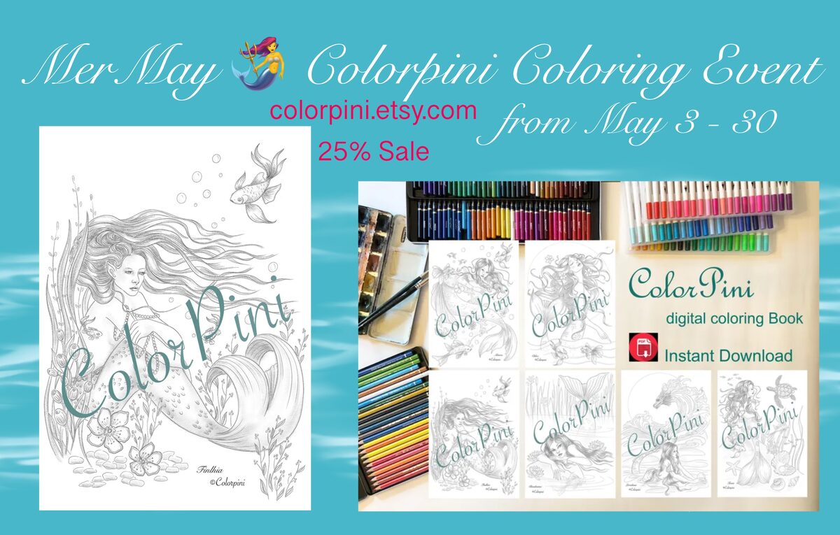 MerMay 2026 Colorpini Coloring Event poster, free mermaid coloring page Finthia and a 6-page mermaid coloring book