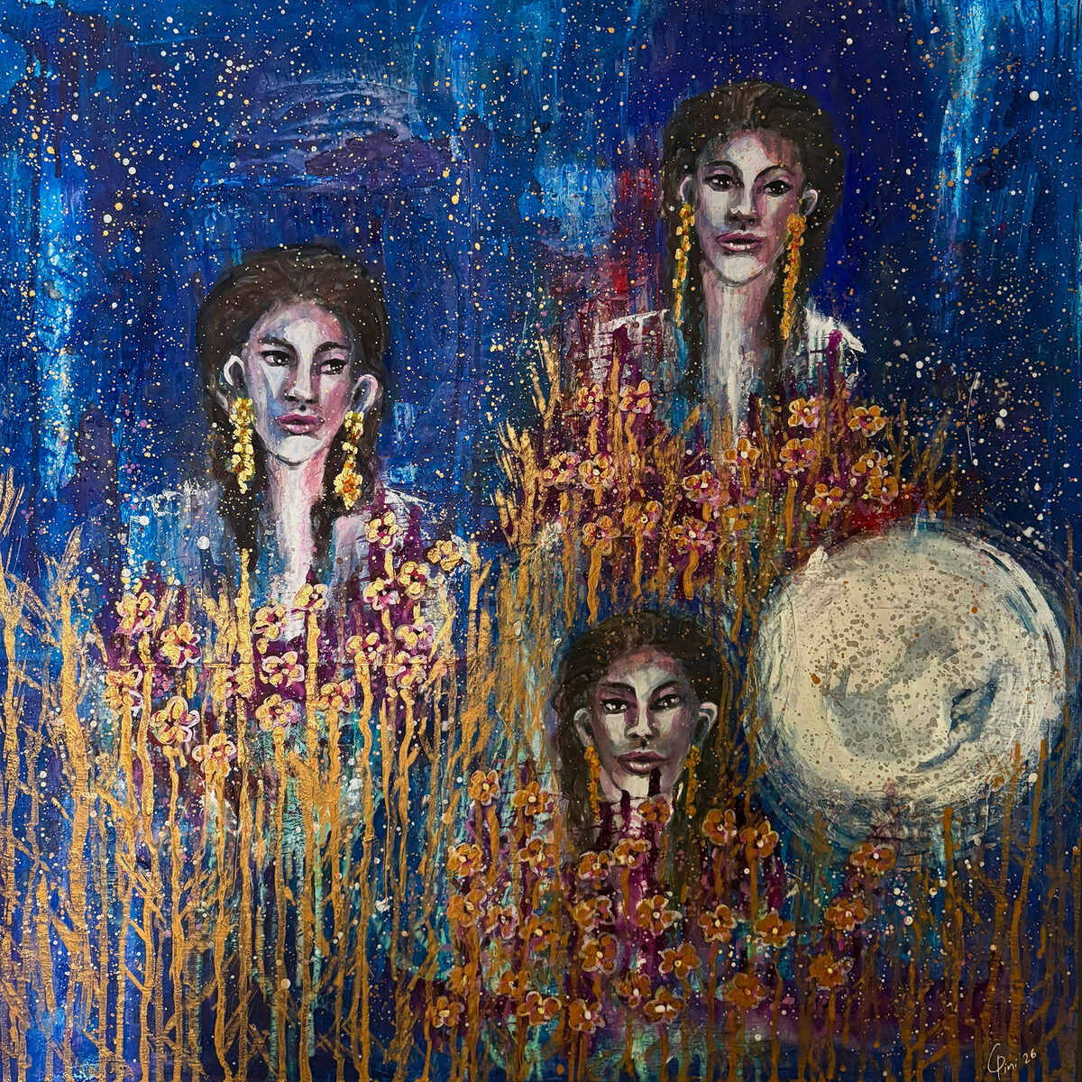 Drei Nornen, acrylic painting by Carolyn Pini, three female figures in deep blue and gold with blossoming branches and a full moon