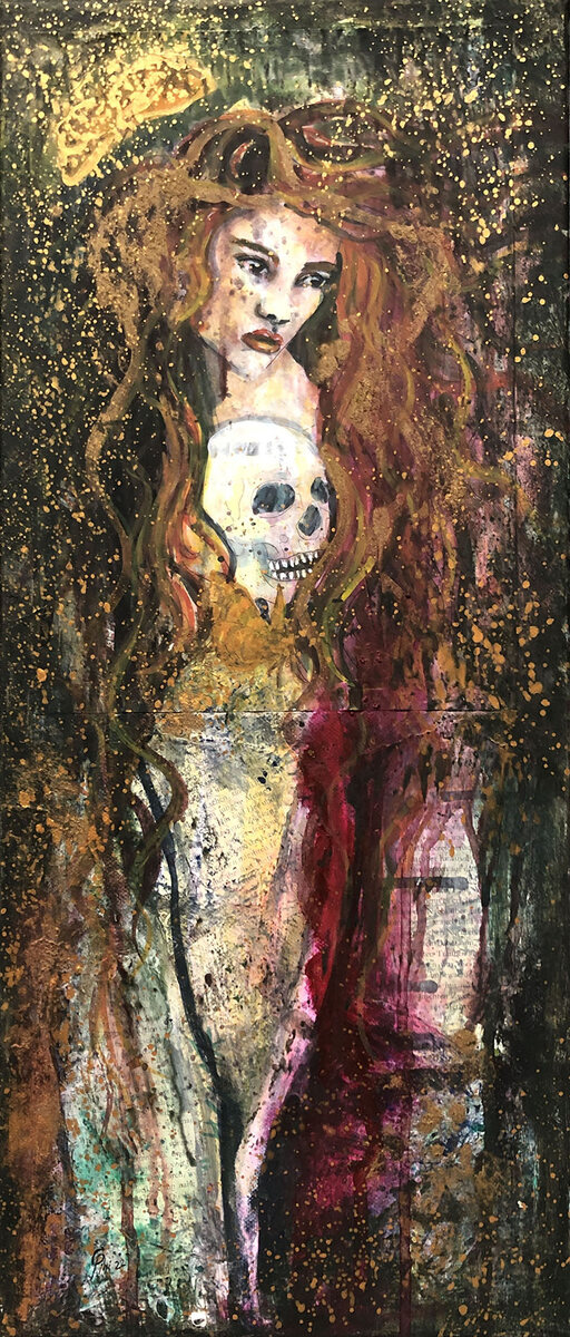 Hekate I, tall narrow acrylic painting, woman holding a skull, golden splatter