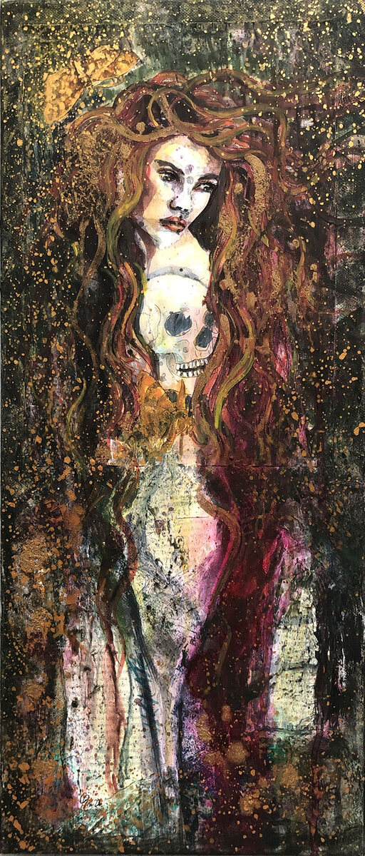 Hekate II, tall narrow acrylic painting, woman with skull, dark golden background