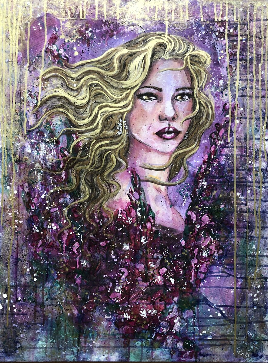 Larissa, acrylic painting by Carolyn Pini, blonde woman with floral elements and gold drips