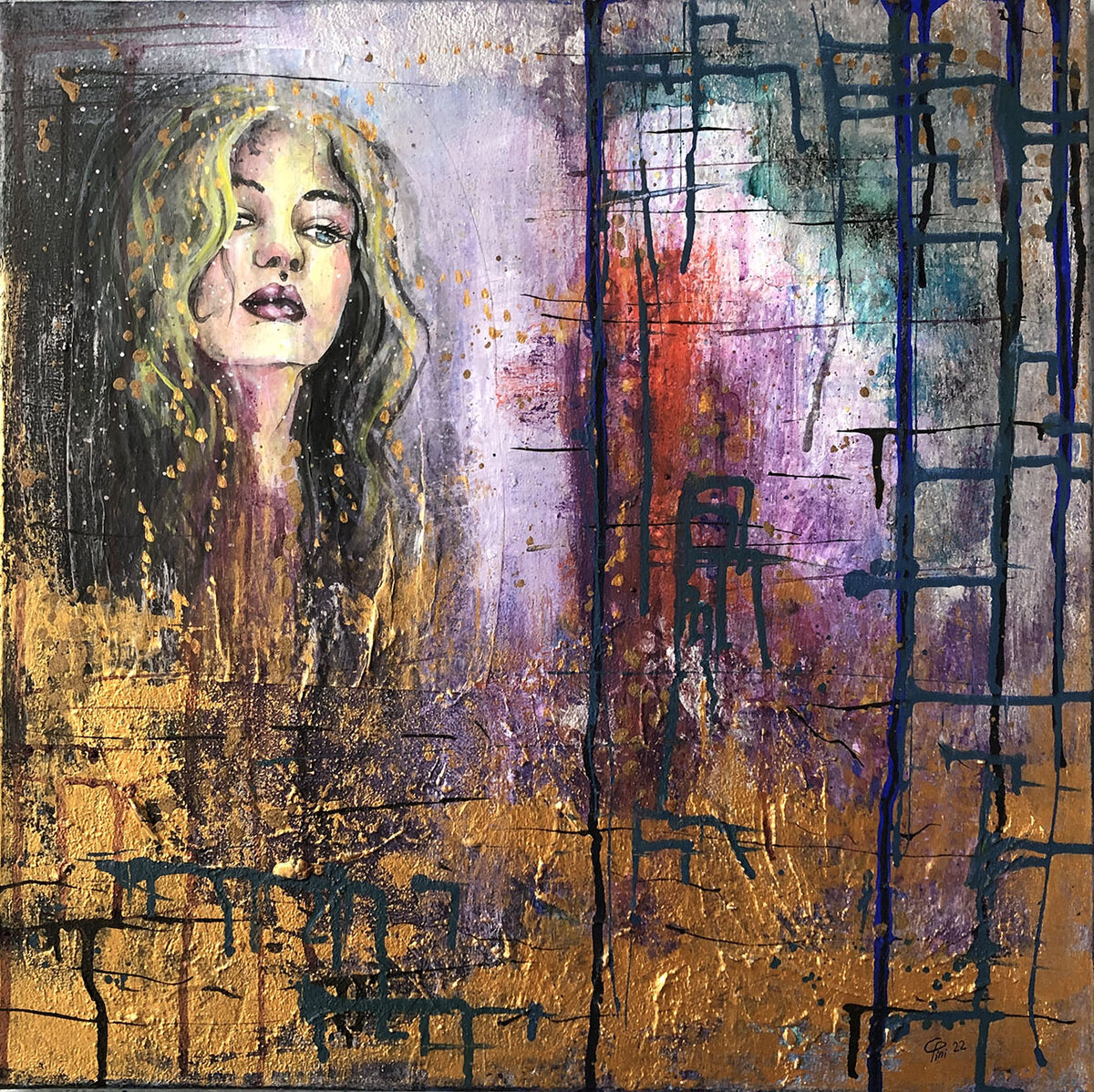 My Nature I, square acrylic painting, woman's face merging into golden urban grid