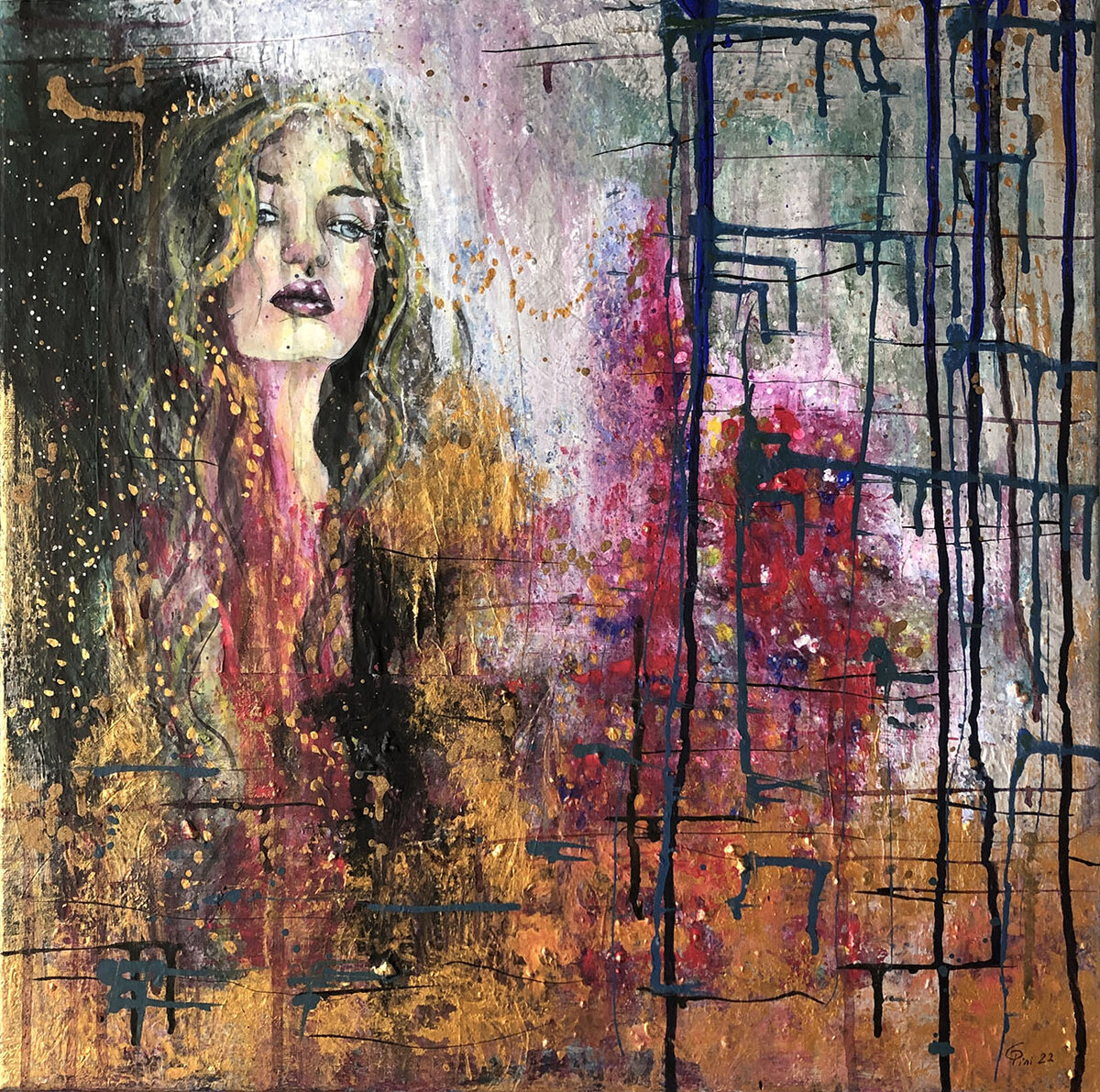 My Nature II, square acrylic painting, woman against urban architectural structures in gold