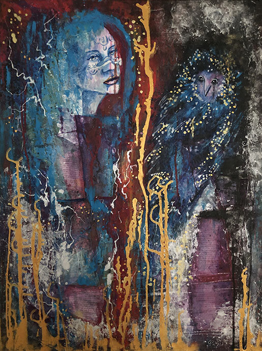 Night's Tale, acrylic painting using a Colorpini coloring page as a paper background layer, woman and owl in blue and gold