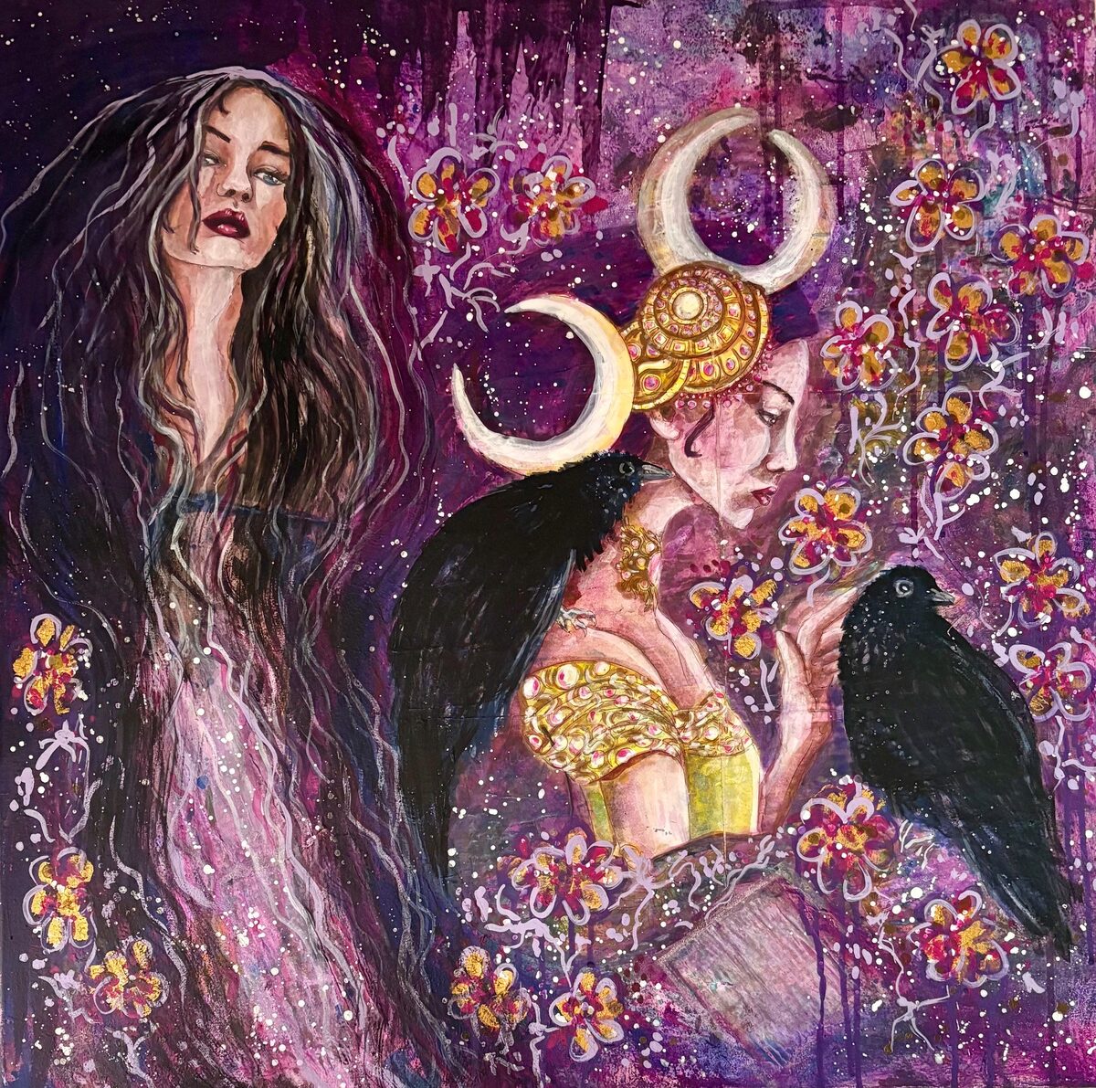 Nocturne, acrylic painting by Carolyn Pini, two female figures in purple and gold with a crescent moon headdress, orchids and a raven