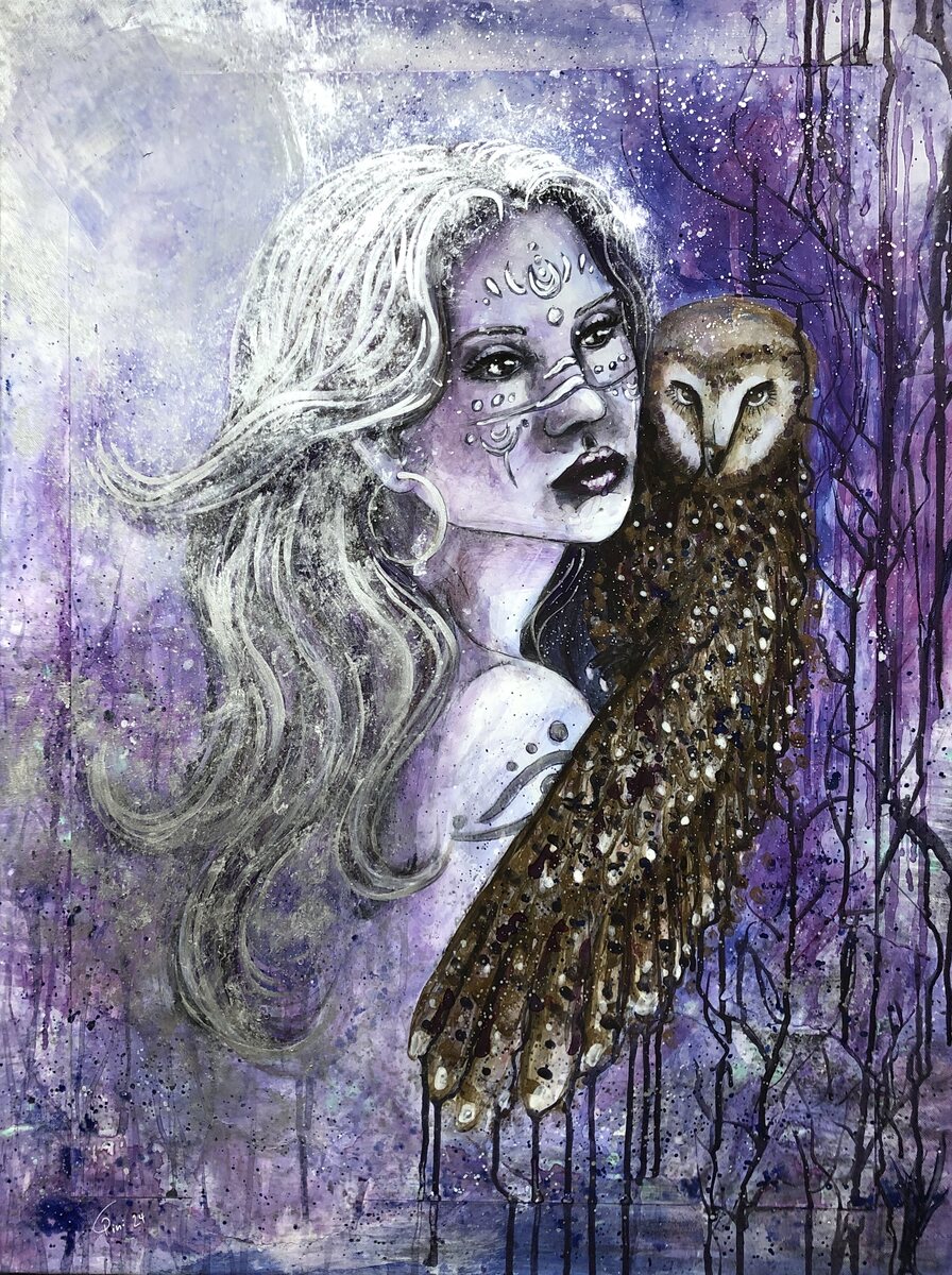 Rinami, acrylic painting by Carolyn Pini, silver-haired woman with an owl on her shoulder