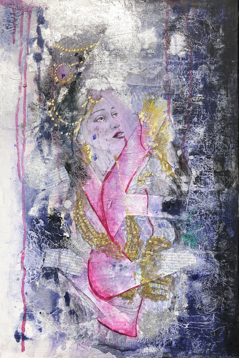 Torn Beauty I, acrylic painting, female figure in pink and gold against silver
