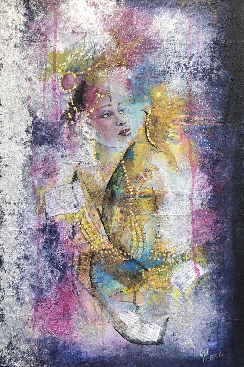 Torn Beauty II, companion acrylic painting in pink, silver and gold